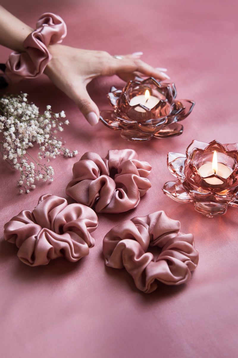 Rose Gold Pure Silk Scrunchies Pack of Three